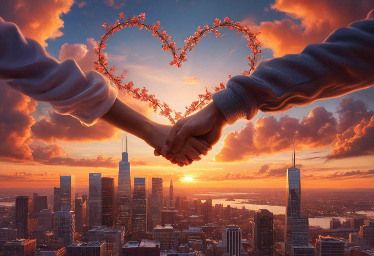 A cozy couple holding hands while enjoying a romantic sunset over the DMV skyline, with heart-shaped fluffy clouds above them. Include subtle symbols of love and emotional connection, like intertwined vines or hearts in the background. The scene should evoke warmth, happiness, and togetherness, emphasizing trust and intimacy in relationships. vibrant colors. super-realistic.