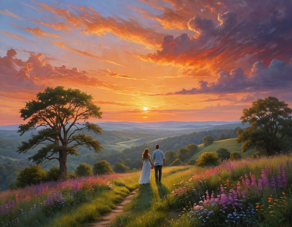 A serene Virginia landscape showcasing two figures, a man and a woman, standing on a beautiful hilltop, overlooking a sunset painted sky. The figures are engaged in a deep conversation, embodying warmth and connection, surrounded by blooming wildflowers. In the foreground, symbolize friendship transforming into love with soft glowing hearts. The scene captures the essence of commitment and passion in dating. vibrant colors. super-realistic.