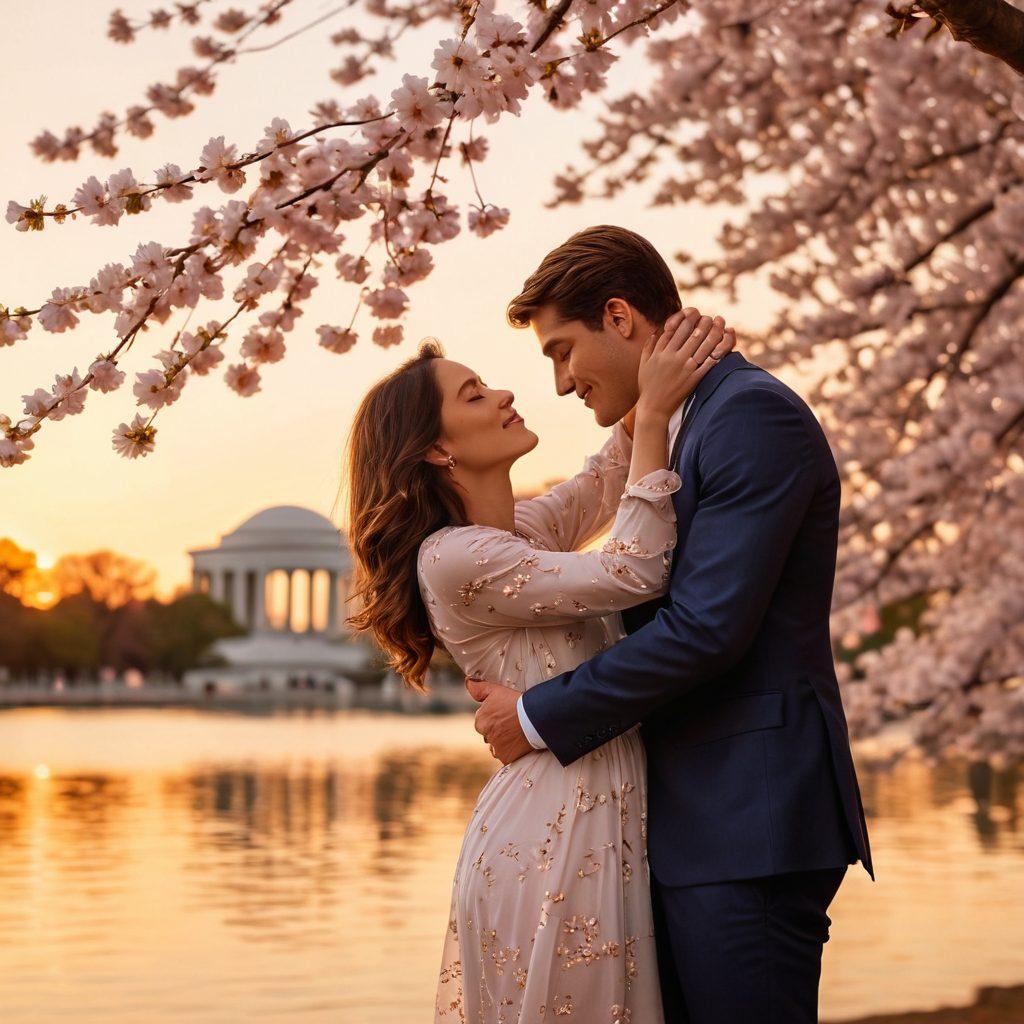 A romantic scene depicting a couple embracing under cherry blossom trees in Washington DC, symbolizing deep intimacy and connection. The background features iconic DMV landmarks like the Jefferson Memorial, softly blurred to emphasize the couple's affection. Warm, glowing sunset light casts a golden hue over the scene, creating an emotional and serene atmosphere. Include subtle heart motifs in the petals of the blossoms. super-realistic. vibrant colors. 3D.